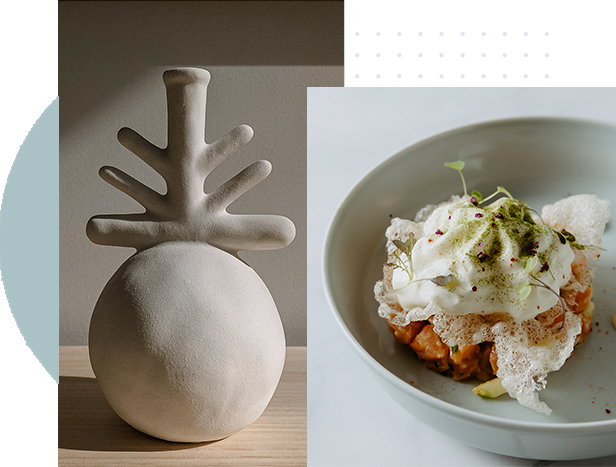 deux photos à gauche un objet de décoration et à droite une photo culinaire d'un restaurant étoilé
